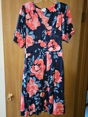 LuLaRoe Navy Midi Dress with Coral Pink and Light Blue Floral Print